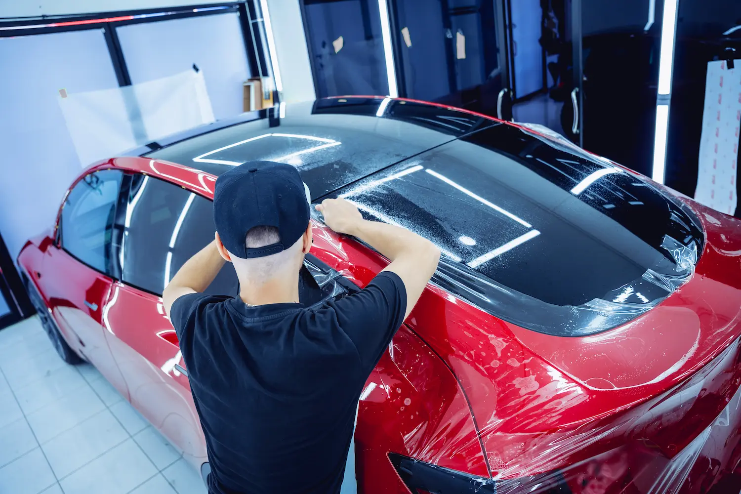 process-installing-protective-film-new-red-car